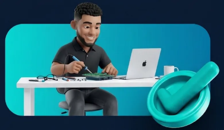 Avatar 3D do técnico Rangel Oliveira trabalhando na bancada com ferro de solda e notebook