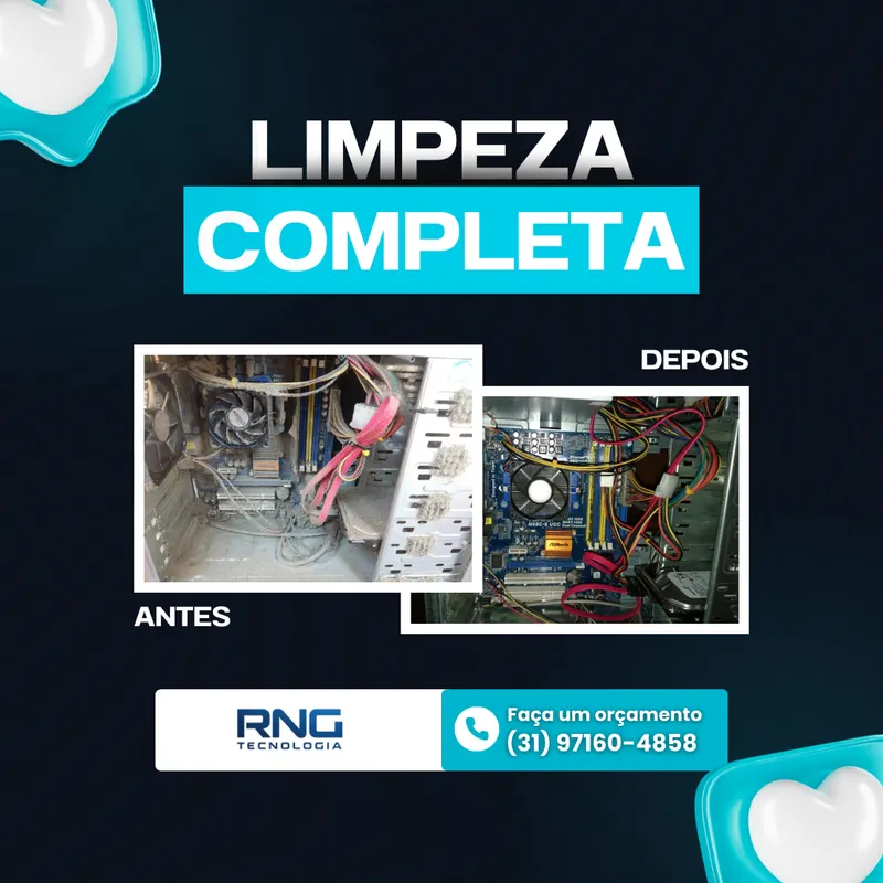Antes e depois da limpeza interna de um computador de mesa feita pela RNG Tecnologia (trabalho 1)