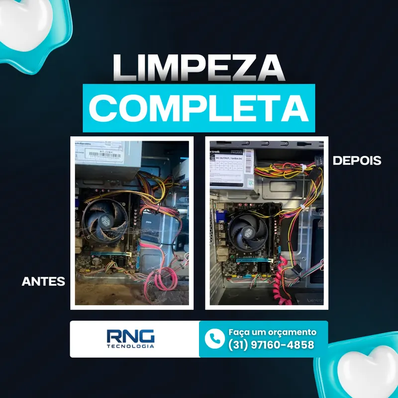 Antes e depois da limpeza interna de um computador de mesa feita pela RNG Tecnologia (trabalho 2)