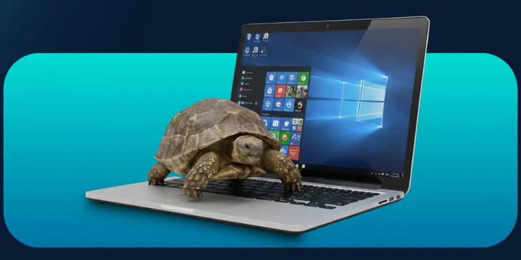 Tartaruga sobre um notebook com Windows, representando computador lento