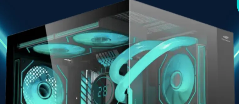 Gabinete gamer com water cooler e ventoinhas iluminadas