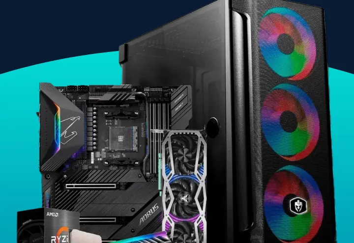 Peças de um PC gamer: gabinete, placa-mãe, placa de vídeo, processador Ryzen e memórias